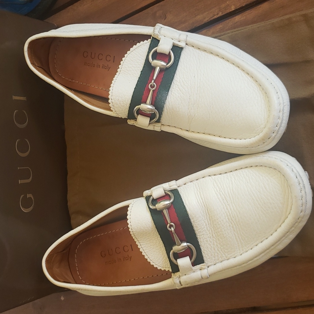 GUCCI White Web Drivers  Horsebit Unisex - Picture 3 of 15